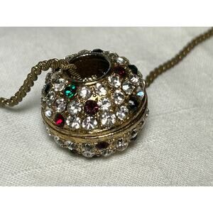 Multicolored Rhinestone Gold Tone Hollow Ball Pendant 22” Serpentine Chain